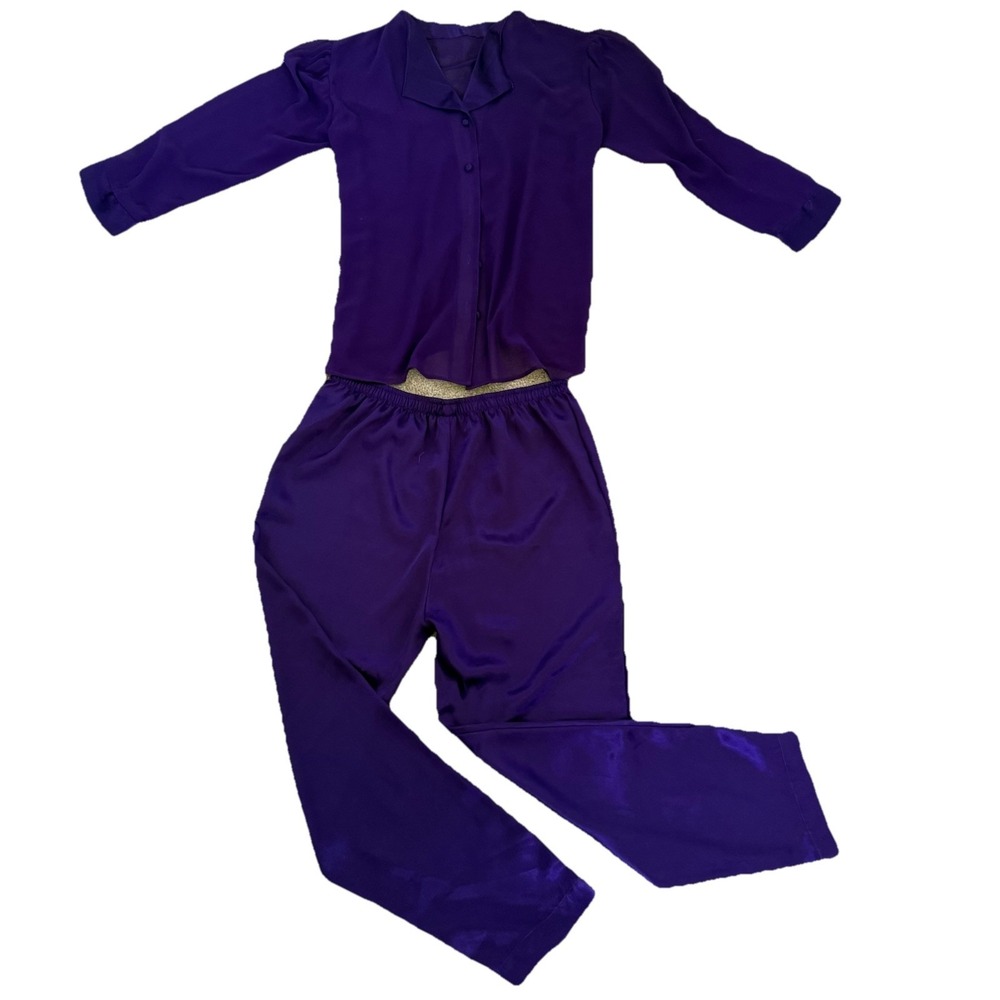 Purple Satin PJ Set Sheer Button Down Top - Picture 2 of 11